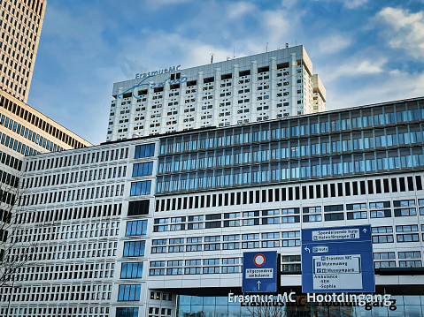 Rotterdam, Netherlands - January 11 2022: the entrance of the biggest university hospital of the city the Erasmus MC