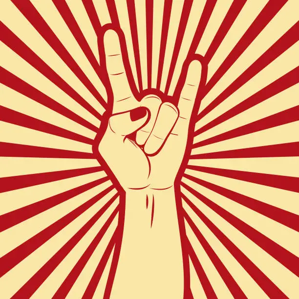 Vector illustration of The Rock And Roll Hand Sign (the sign of the horns) propaganda poster with comics effects lines in the background