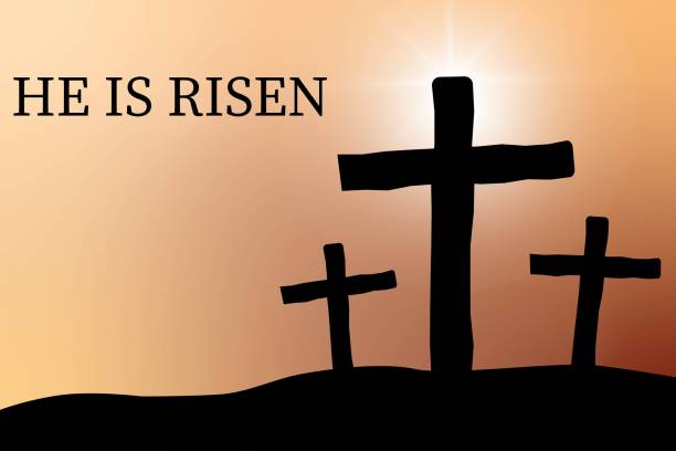 istock He is risen. Easter. Jesus Christ has risen. Resurrection of Jesus. Three crosses silhouette. Vector illustration. EPS 10 1392335288