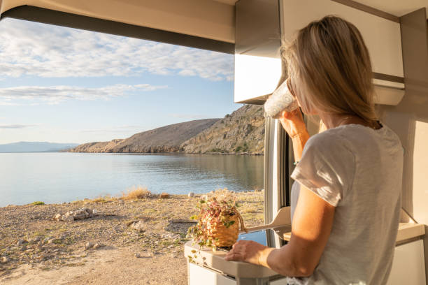 istock Woman in her van looking at ocean 1392335765