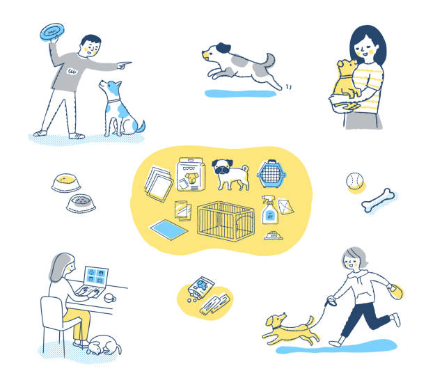 A set of life scenes with various pets Pets, life, care, health, lifestyle, variations, pet goods man walking a pug dog stock illustrations
