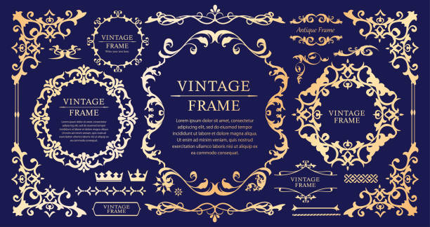 illustrations, cliparts, dessins animés et icônes de ensemble de design de cadre de style vintage de luxe cadre de ligne réglée mariage vintage antique - gold leaf backgrounds gold ornate