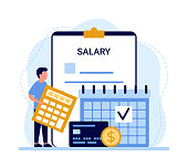istock Payroll, calendar with date salary payment, man pay money. Work accountant, check calculating payment, expenses. Bookkeeping. Vector illustration 1392338805