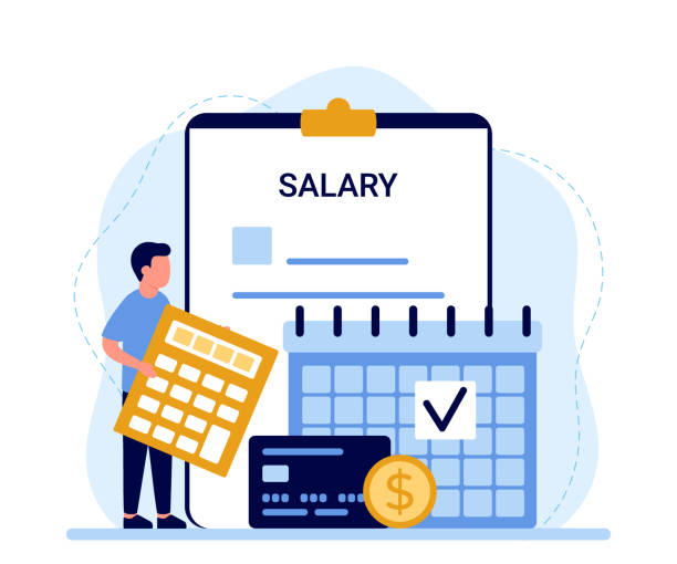 Payroll, calendar with date salary payment, man pay money. Work accountant, check calculating payment, expenses. Bookkeeping. Vector illustration Payroll, calendar with date salary payment, man pay money. Work accountant, check calculating payment, expenses. Bookkeeping. Vector salary stock illustrations