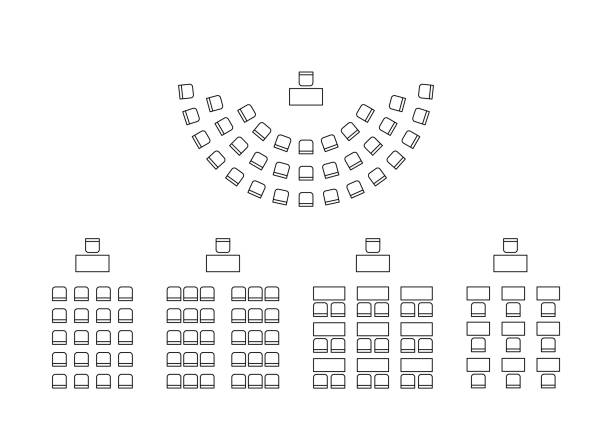 ilustraciones, imágenes clip art, dibujos animados e iconos de stock de conjunto de plan para organizar asientos semicírculos y filas en interior, , contorno de diseño. lugar de espectadores, aula, mapa de asientos anfiteatro. esquema sillas y mesas muebles vista superior. línea vectorial - amphitheater