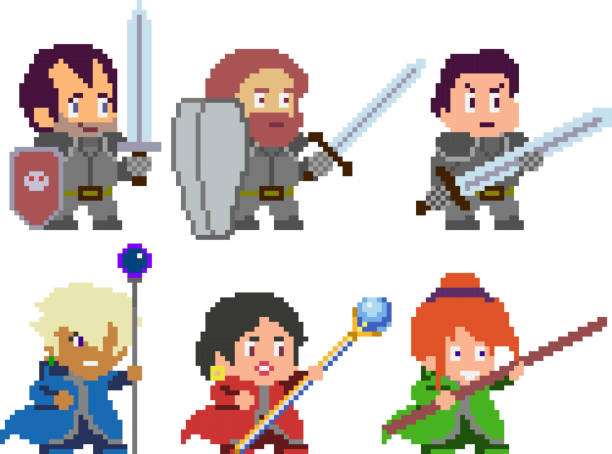 Set of pixel characters in art style Set of warriors characters with swords in perfect pixel art style for your games, retro or business design. Detailed vector clip art with easy editable colors pixelated face man stock illustrations