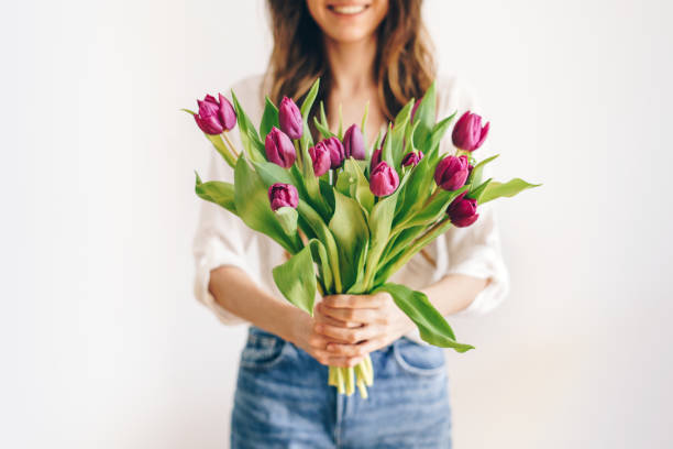 Woman holding a bouquet of purple tulips stock photo