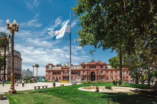 Casa Rosada (Pink House) at Plaza de Mayo in Buenos Aires on a sunny day, Argentina.