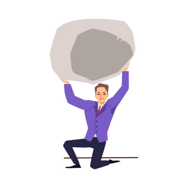 ilustraciones, imágenes clip art, dibujos animados e iconos de stock de el hombre sostiene una piedra sobre su cabeza. hombre fuerte y enérgico empujando una piedra hacia arriba, ilustración plana vectorial sobre un fondo blanco. - pushing over burdened rock men