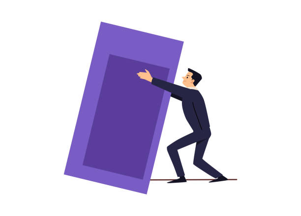 ilustraciones, imágenes clip art, dibujos animados e iconos de stock de joven enérgico está empujando piedra rectangular púrpura, roca. empresario que avanza hacia el éxito, superando problemas, ilustración plana vectorial sobre fondo blanco. - pushing over burdened rock men