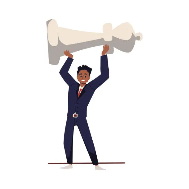 Vector illustration of Businessman holds huge white chess piece over his head flat style