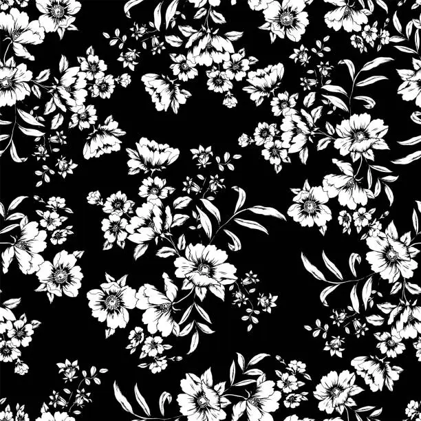 Vector illustration of vector seamless two color hand drawn floral pattern on black background.