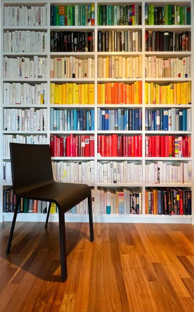 istock Library: Book rows in separated colors, black chair in front 1392346029