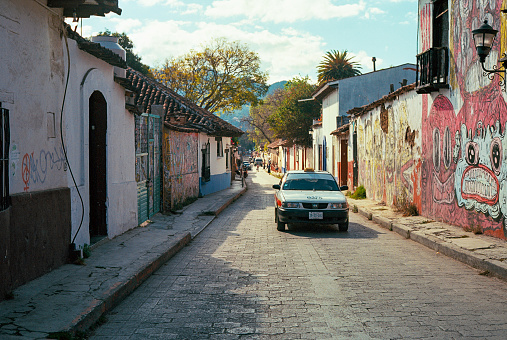 San Cristobal de las Casas, Chiapas, Mexico, February 11 2022: Taxi passing on the street of San Cristobal de las Casas