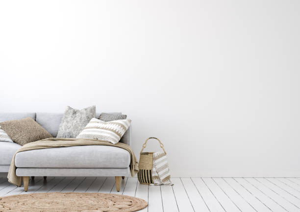 istock Living room interior background with neutral grey sofa, wall mockup 1392347406