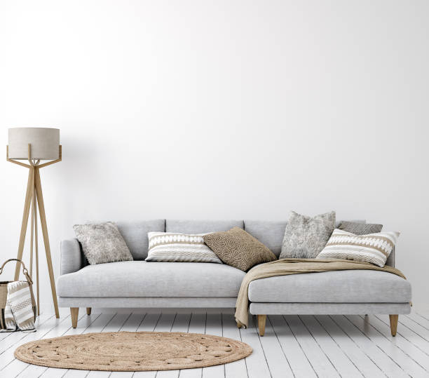 istock Living room interior background with neutral grey sofa, wall mockup 1392347409