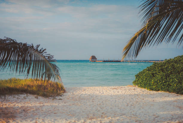 Scenic view of beach on Isla Mujeres, Mexico. Camera film