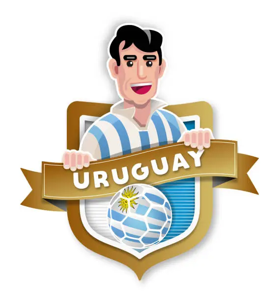 Vector illustration of Flat design illustration soccer player Uruguay with badge and national flag