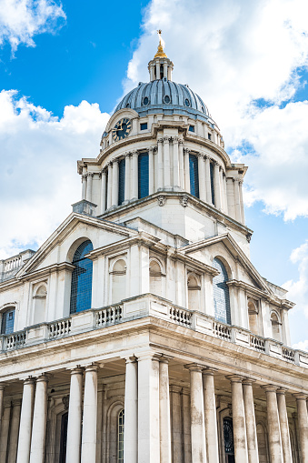 The dome of St Paul's Cathedral against blue clear sky, London, UK