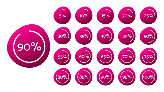 5 10 15 20 25 30 35 40 45 50 55 60 65 70 75 80 85 90 95 100 percent isolated pie chart. Vector infographic magenta gradient icon set for business, finance, web design, download, progress