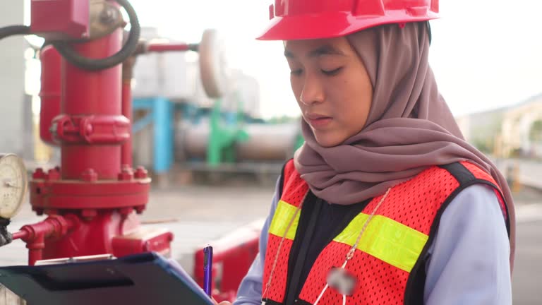 engineer muslim woman working in factory building