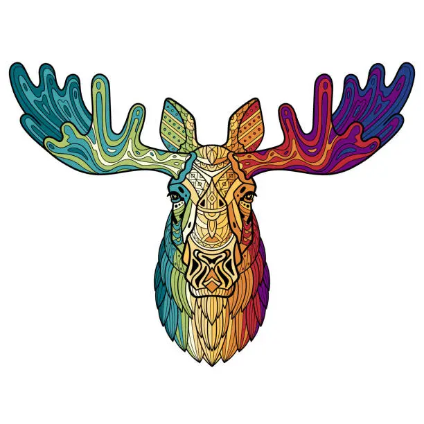 Vector illustration of Elk. Moose. Head of a horned elk. Hand-drawn moose portrait. Sketch graphics colorful illustration on white background. Patterned head of an adult cattle. Full face. Ethnic motifs. Vector illustration