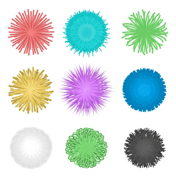 Fringe ball. Textile pompon, furry balls ans spherical decoration ornament made of thread isolated vector set Fringe ball. Textile pompon, furry balls ans spherical decoration ornament made of thread isolated vector set of ball fringe tassel illustration fringe stock illustrations