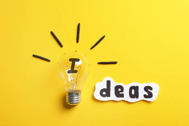 istock Word Ideas made with lightbulb and paper sheet on yellow background, flat lay 1392356120