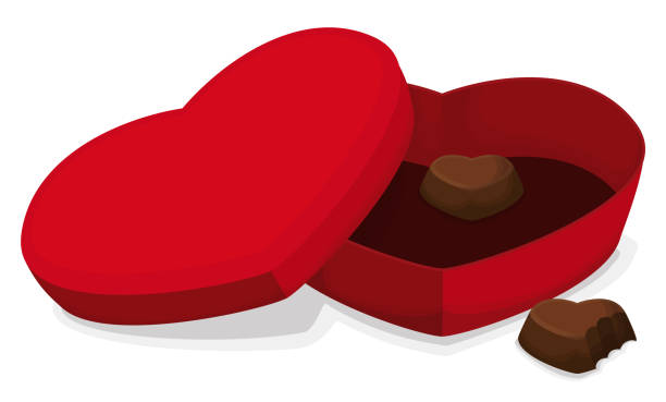 illustrazioni stock, clip art, cartoni animati e icone di tendenza di scatola a forma di cuore aperto con avanzi di cioccolato morsi - chocolate candy chocolate valentines day box