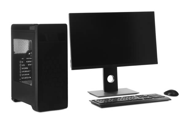 istock Modern computer monitor with black screen, system unit, keyboard and mouse on white background 1392356139