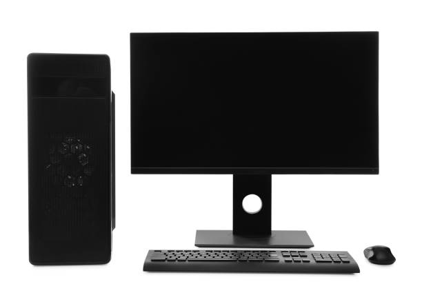 istock Modern computer monitor with black screen, system unit, keyboard and mouse on white background 1392356198