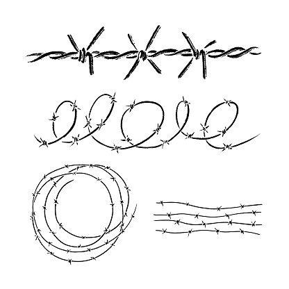 Barbed wire spiral, round, fence. Painted in black ink brush texture. Grunge style. Vector illustration