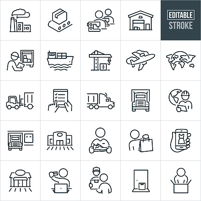 A set of supply chain icons that include editable strokes or outlines using the EPS vector file. The icons include a factory, conveyor belt with product, people sewing products in a production factory, warehouse, worker checking semi-truck shipment, cargo ship loaded with cargo containers, loading dock, air transport, supply chain between countries, forklift loading semi trailer, digital checklist, semi-truck, global supply chain, semi-truck at loading dock, retail outlet store, store associate with new shoes, customer with retail shopping bag, online shopping from smartphone, boutique store, person shopping online from laptop computer, delivery man delivering package to customer, delivered package on doorstep and an end-user unboxing purchase.