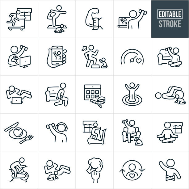 Home Fitness Thin Line Icons - Editable Stroke A set of home fitness icons that include editable strokes or outlines using the EPS vector file. The icons include a person running on treadmill at home, woman doing yoga at home with baby crawling on floor, measuring tape around bicep muscle, person lifting dumbbell weights with an online trainer at home, plate with healthy food, person lifting weights while listening to headphones, woman doing step aerobics at home while baby son wants picked up, health fitness goal meter, person lifting dumbbell weights sitting in front of couch at home, person doing sit-ups while taking an online fitness class on laptop computer from home, person doing lunges from home in front of couch, online fitness classes on smartphone, person with raised arms standing on bulls-eye of target, woman using exercise ball at home while baby child crawls on floor, woman lifting dumbbell weights and holding puppy in arms while on computer at home, calendar with health goal deadline date, man on elliptical trainer at home, person sitting on arm chair at home lifting weights while dog sits at feet, person meditating at home, person riding stationary bike, person doing sit-ups while baby crawls on floor, broccoli on fork, healthy person exercising and a person with tape measure around waist with arms raised after reaching weight loss goals. exercise class icon stock illustrations