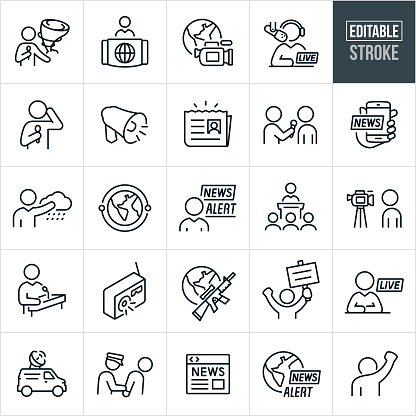 A set of breaking news icons that include editable strokes or outlines using the EPS vector file. The icons include a reporter reporting the news on a tornado, news anchor reporting from news desk, globe with tv camera, radio host reporting breaking news live, reporter with microphone reporting news as it comes in through earpiece, megaphone, newspaper with breaking news, reporter interviewing witness, breaking news on smartphone, meteorologist giving weather forecast, global news events, reporter reporting a news alert, press interview, journalist reporting in front of camera, radio news, world news on war, protestor holding up sign, live newscast, news van, person being arrested by police officer, current events, online news, world breaking news, and a protestor in the news.