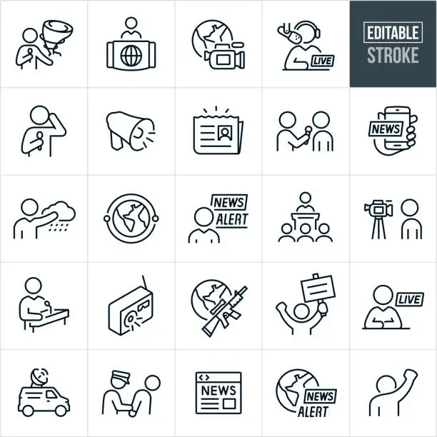 Vector illustration of Breaking News Thin Line Icons - Editable Stroke