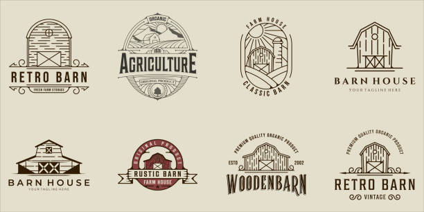 illustrations, cliparts, dessins animés et icônes de ensemble d’icônes de grange ligne art vintage vector illustration modèle icône conception graphique. collection groupée de divers panneaux ou symboles de ferme pour les entreprises agricoles avec badge et typographie - landscaped sign farm landscape