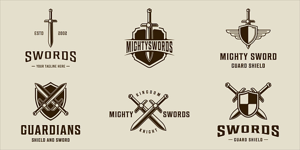 set of sword icon vector vintage illustration template icon graphic design. bundle collection of various blade or saber sign or symbol for guard and shield with typography style