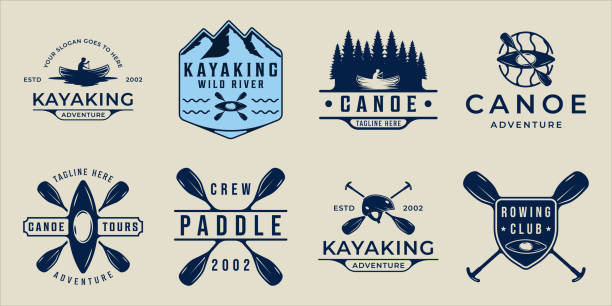 set of kayak or canoe icon vector vintage illustration template icon graphic design. bundle collection of various paddle or rowing sign or symbol for adventure sport travel and business