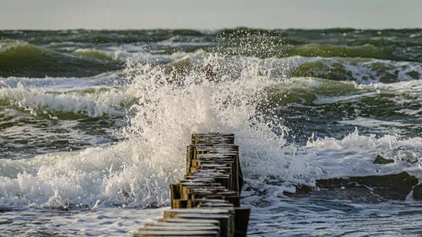 Waves of the Baltic Sea splash over groynes near Ahrenshoop in Fischland Darß Zingst