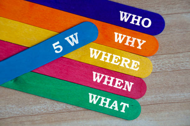 istock 5 W text on wooden sticks - Who, Why, Where, When and What. Conceptual 1392367515