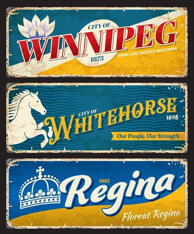 Winnipeg, Whitehorse and Regina canadian cities plates, travel stickers. Canada journey souvenir sticker or grunge vector banner. North America city vintage tin signs, stickers or plates with flags