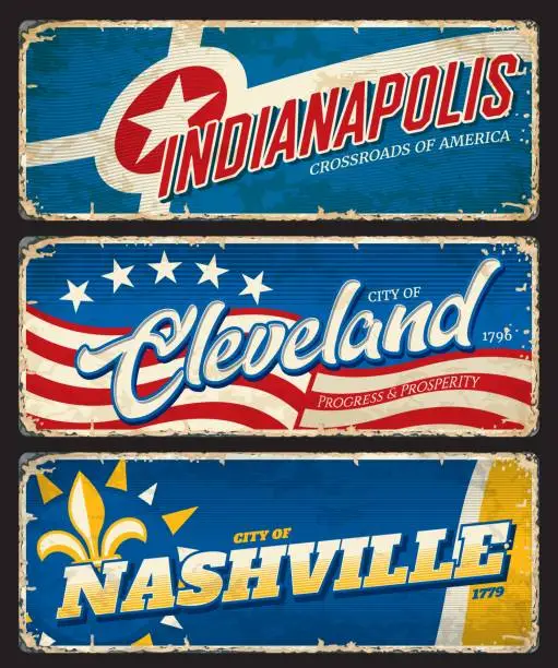 Vector illustration of Cleveland, Indianapolis and Nashville city plate