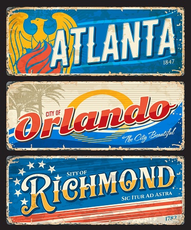 Atlanta, Orlando, Richmond american cities plates and travel stickers. USA city or town retro sticker, vintage plate or tin sign. American vacation tour postcard, banner or grunge vector souvenir card