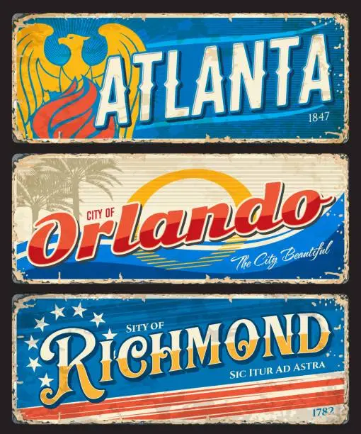 Vector illustration of Atlanta, Orlando and Richmond american city plate