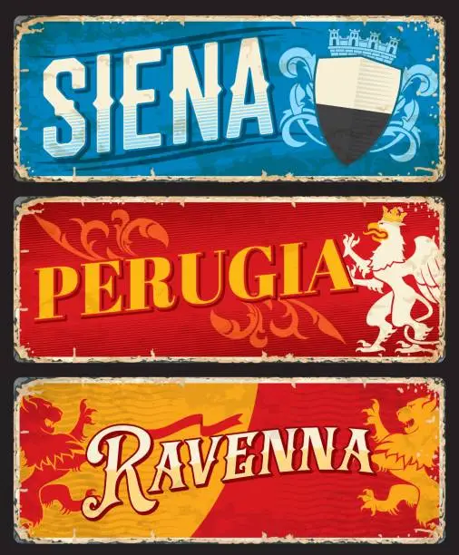 Vector illustration of Siena, Perugia and Ravenna italian travel stickers