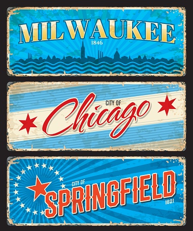 Chicago, Milwaukee and Springfield american cities plates and travel stickers. US city or town retro tin sign, grunge travel sticker or souvenir card. United States destination vintage vector plate