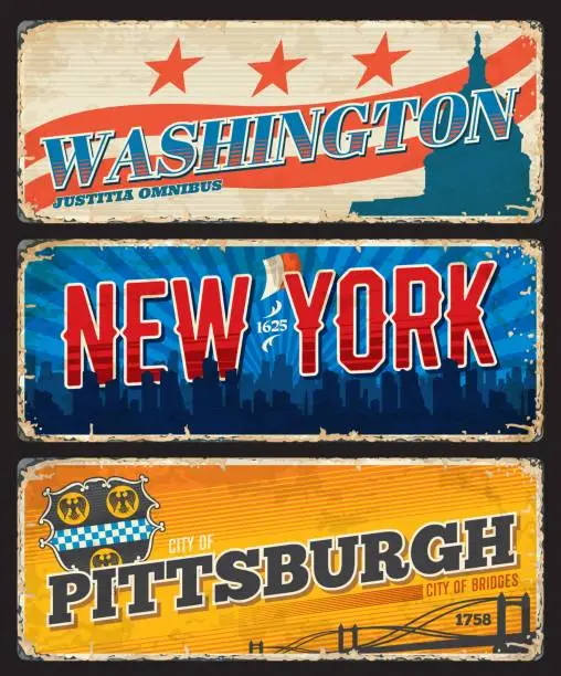 Vector illustration of Pittsburgh, New York and Washington cities plates