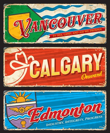 Vancouver, Calgary and Edmonton canadian cities plates, travel stickers. North America travel tin sign or grunge vector horizontal banner. Canada city postcard or plate with flags symbols and motto