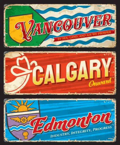 Vector illustration of Vancouver, Calgary and Edmonton city travel plate